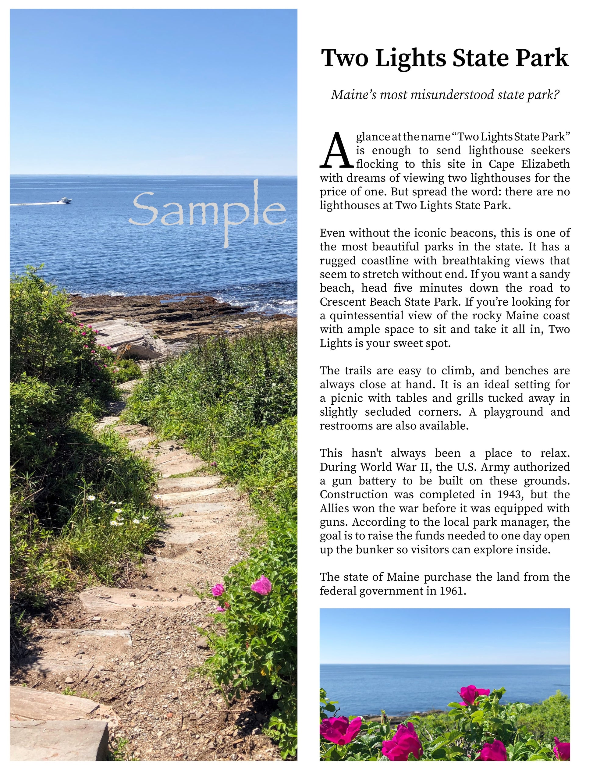 A rocky set of stairs leading to the ocean's edge at Two Lights State Park in Cape Elizabeth. A boat is speeding by on the water. 